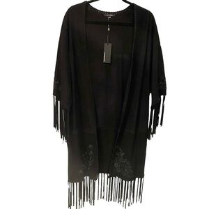 Lamarque Suede Fringed Embroidered Boho Kimono Style Size L Open